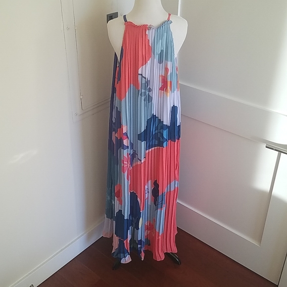 🎉HP🎉NWT Anthropologie Multicolor abstract floral pleat maxi dress w/ bowtie M - Picture 4 of 7